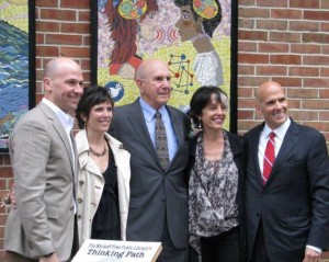 From left: Richard and Gail Sobel, Bernard Berkowitz, and Nina and Robert Sobel, in front of the public artwork they sponsored for the Wyckoff Library.